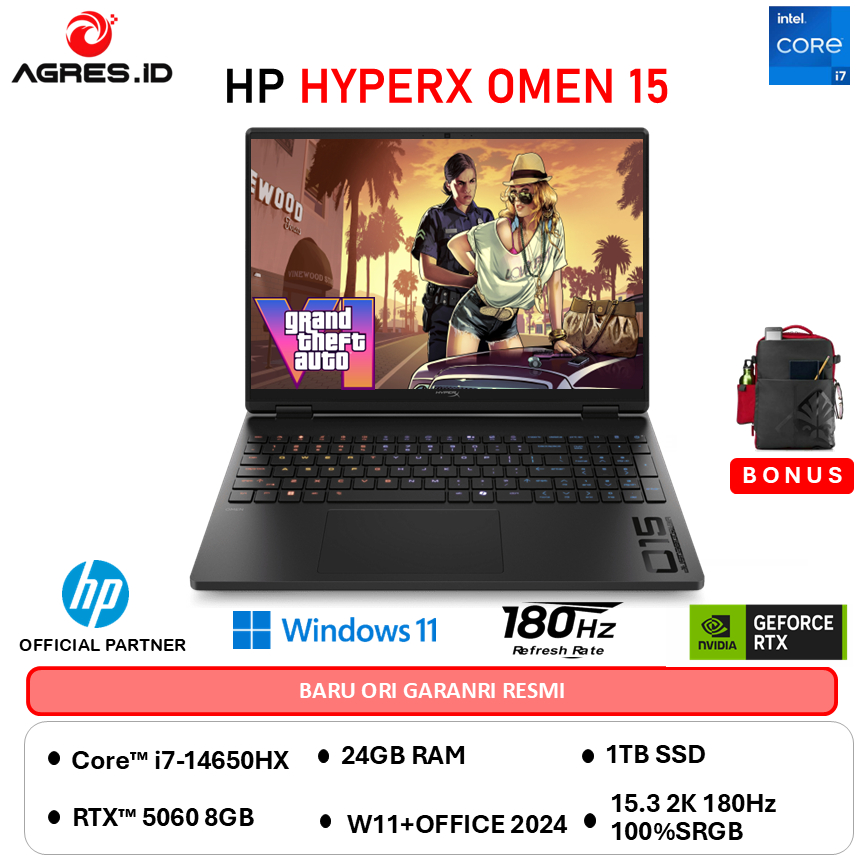 HP HYPERX OMEN 15 Core I7 14650HX RTX5060 8GB - RAM 40GB 1TB W11+OHS 15.3WQXGA 180Hz -GA0888TX