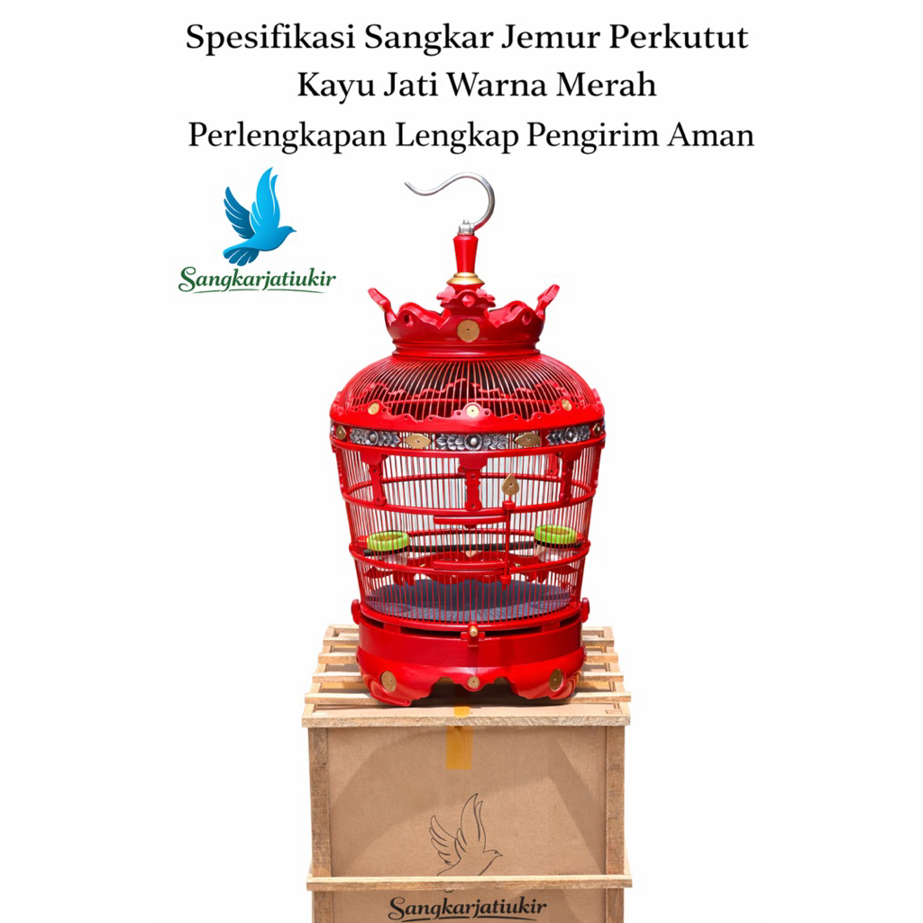 Sangkar Perkutut Jemur Kayu Jati Ukiran Jepara Warna Merah Kombinasi Perak Jeruji Fiber Fullset Eleg