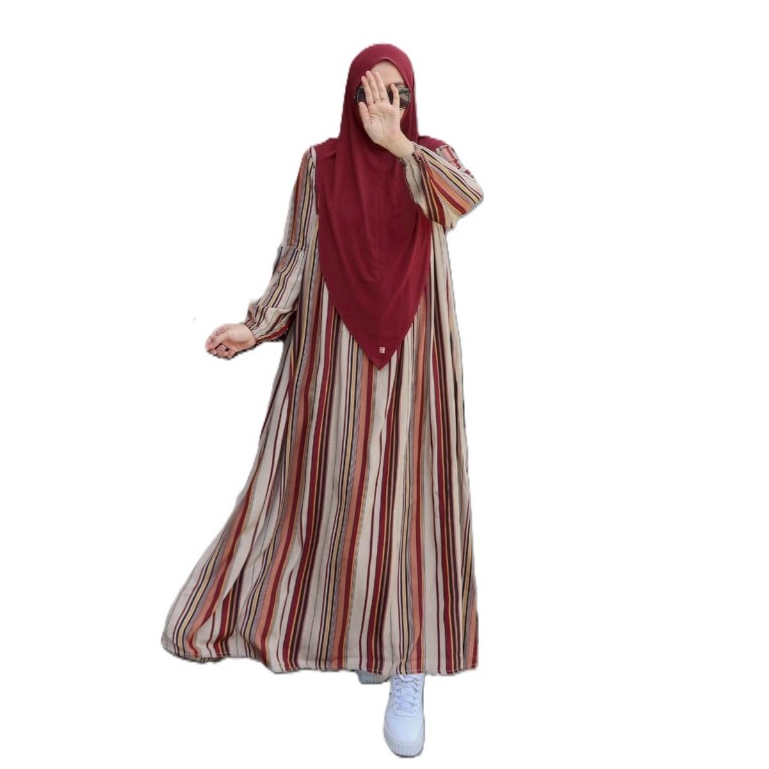 Zafeetri basic little stripe creamy maroon gamis material dress rayon garment Griya_mey