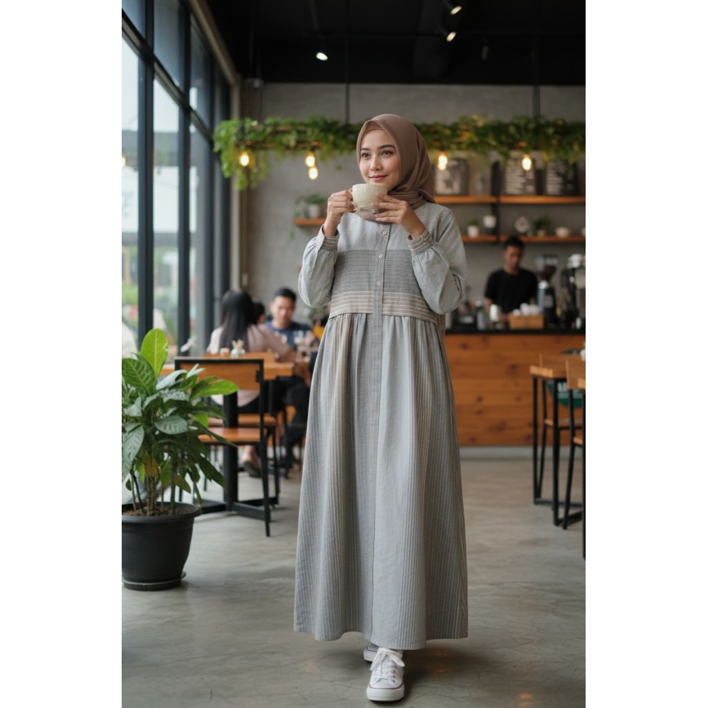 Gamis katun triset dres motif kotak salur