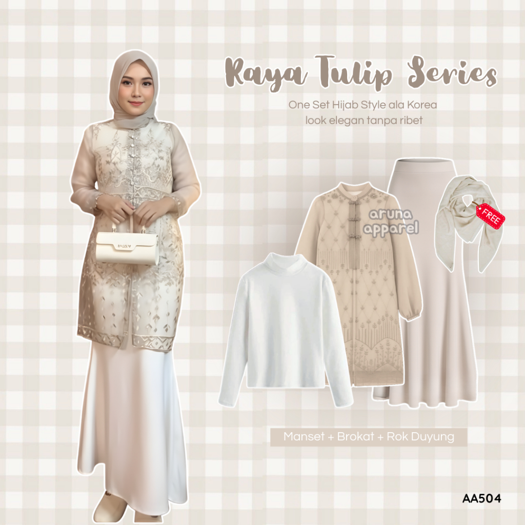 Aruna - One Set Wanita Kekinian (Manset + Brokat Tulip + Rok Duyung) Setelan Wanita Brokat Premium O