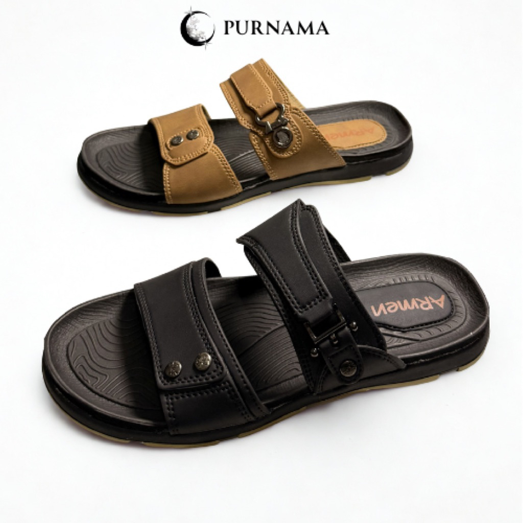 Sandal Pria Casual Double Strap Aksen Rivet Hitam Sol Empuk Anti Licin | sandal pria casual hitam, s