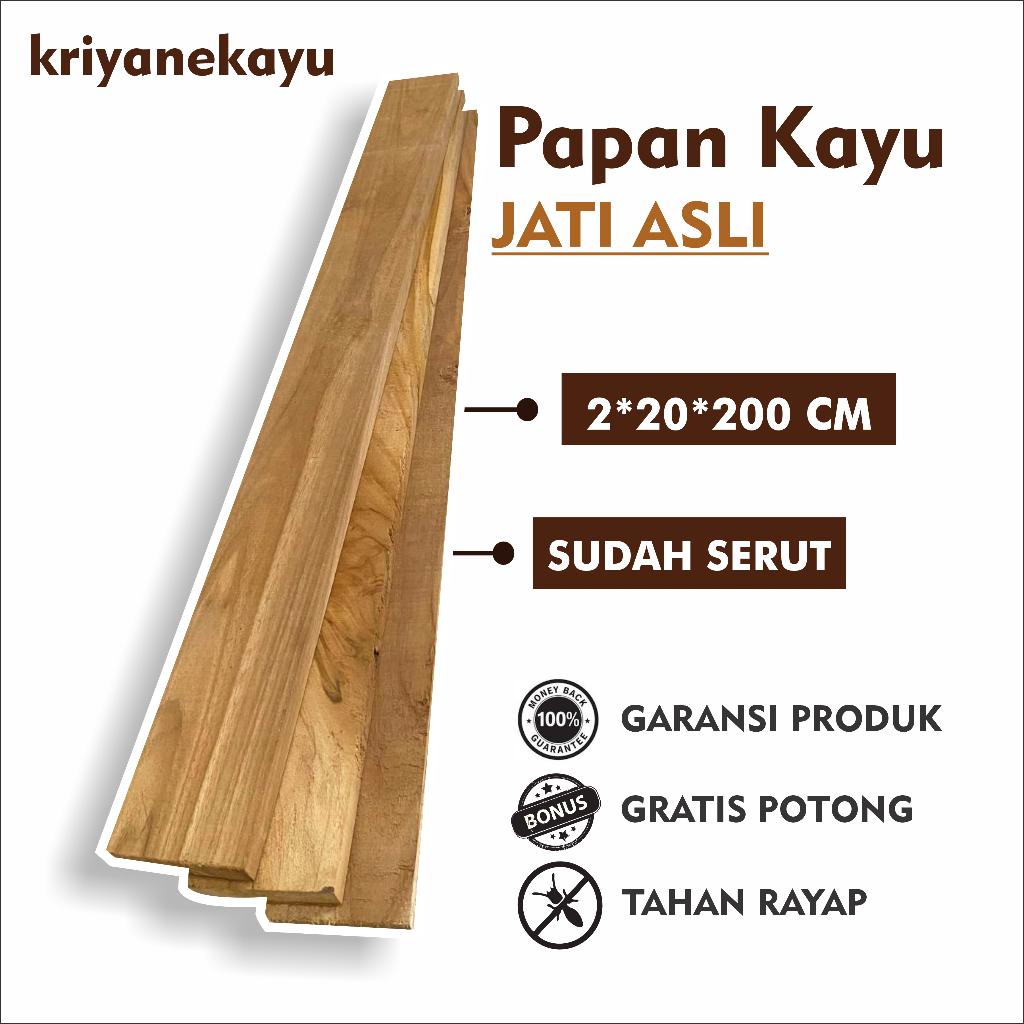 Papan Kayu Jati Utuh Ukuran 2x20x200 cm Serut Halus - kriyanekau -