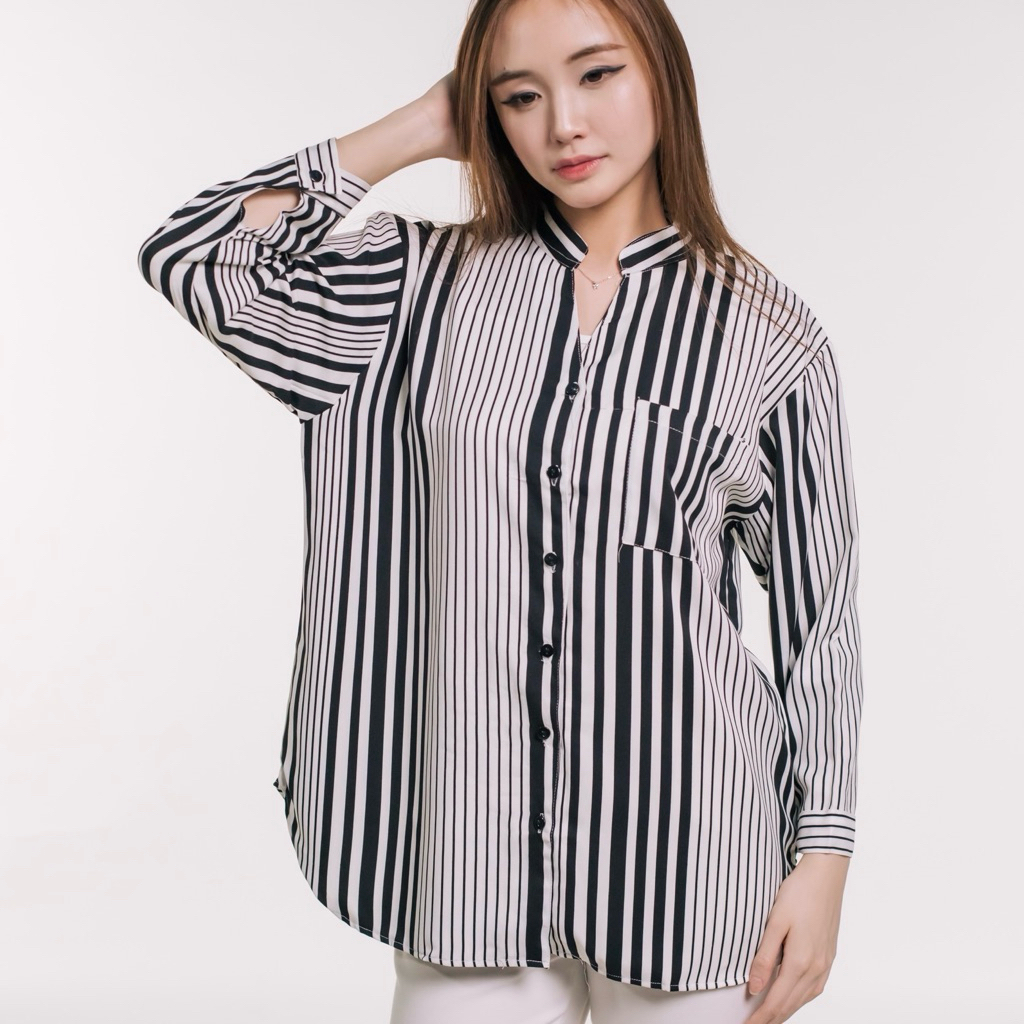 atasan kemeja oversize wanita motif garis garis / kemeja salur wanita