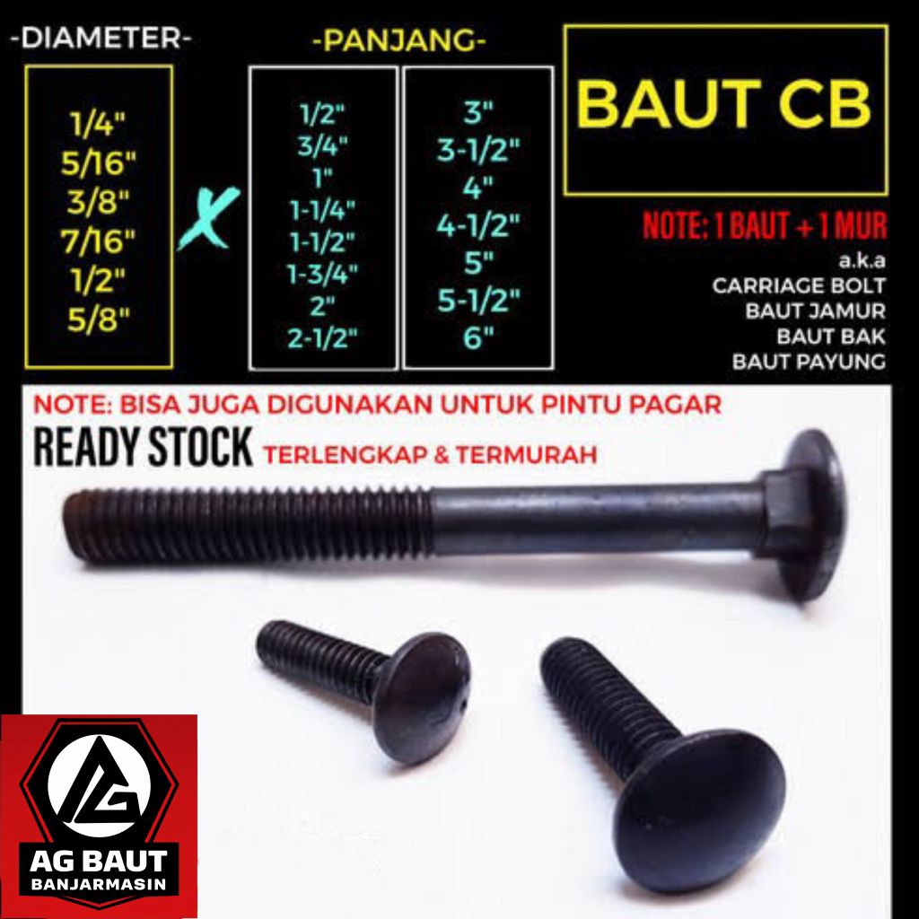 Baut Mur CB 1/4" x 1/2" (1,2cm) Kunci 10 / Carriage Bolt / Baut Payung