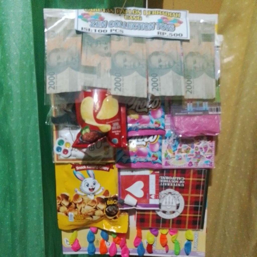 cabutan ballon hadiah uang dan mainan dan aksesoris dll satu pack isi 100 pcs ecer 500/1000 CUAN BAN