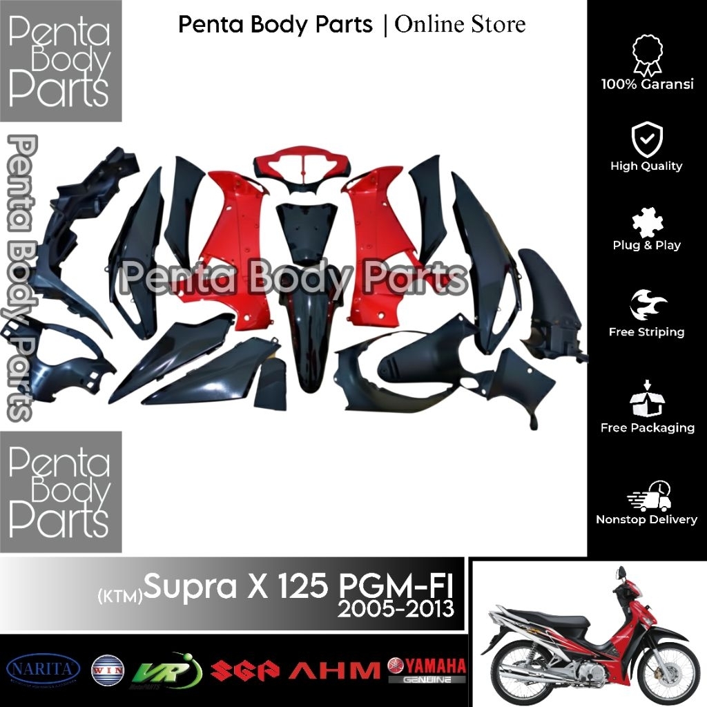 Full Set Cover Body Supra X 125 PGM-FI (KTM) Merah Hitam Putih - Ful Set Bodi Supra X 125 Lama Old T
