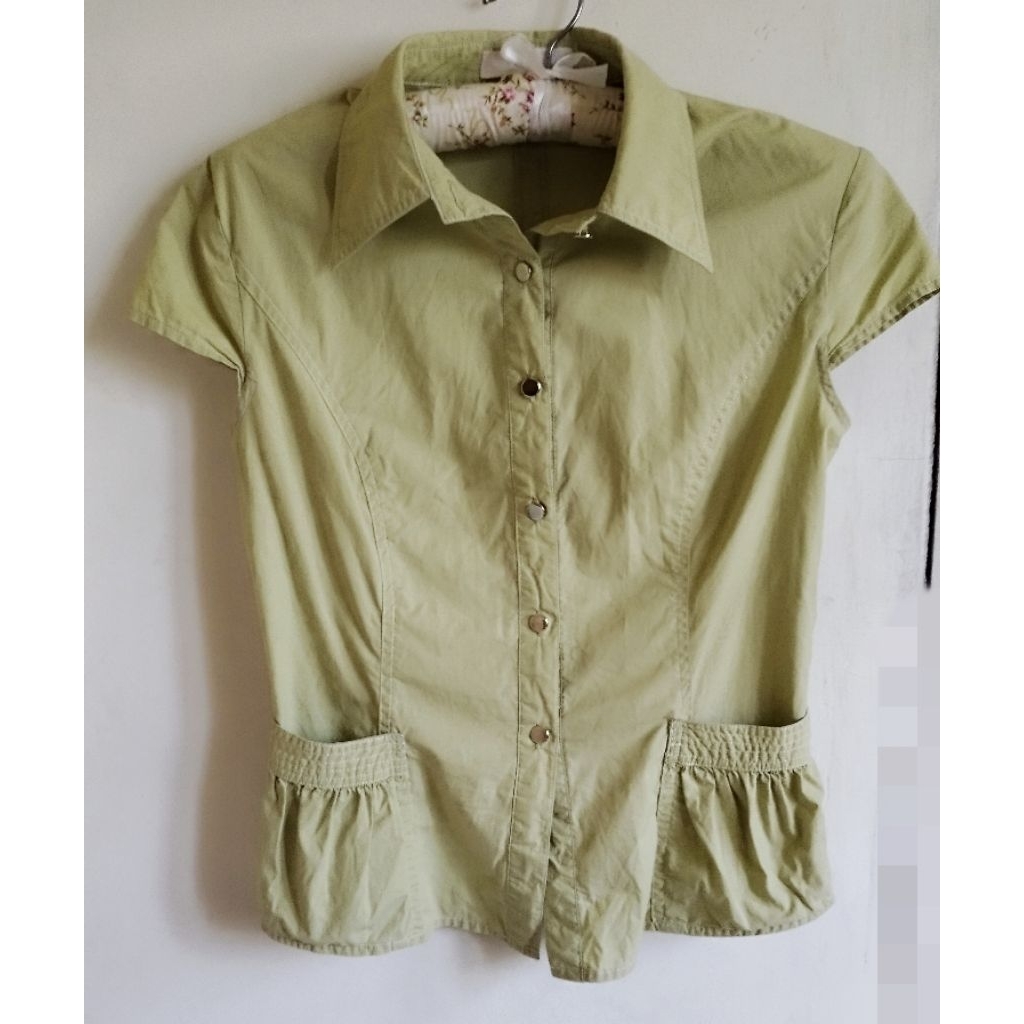 Kemeja Wanita Vintage Korean Style Hijau Lemon | Blouse Cewek Retro Estetik | Atasan Unik Thrift
