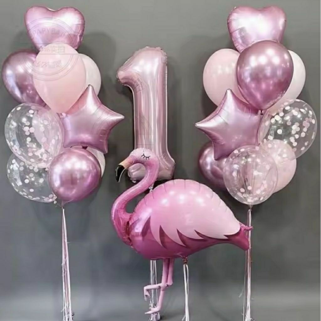 Set paket balon foil angka 80cm warna baby pink tema hewan flamingo hiasan dekorasi pesta ulang tahu