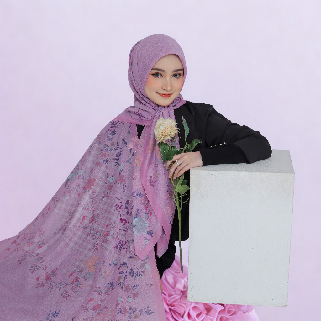 Hijab Voal Segiempat Azalea Series Punch | Scarves by Rina Anggraini | Motif bunga | Pink | Pastel