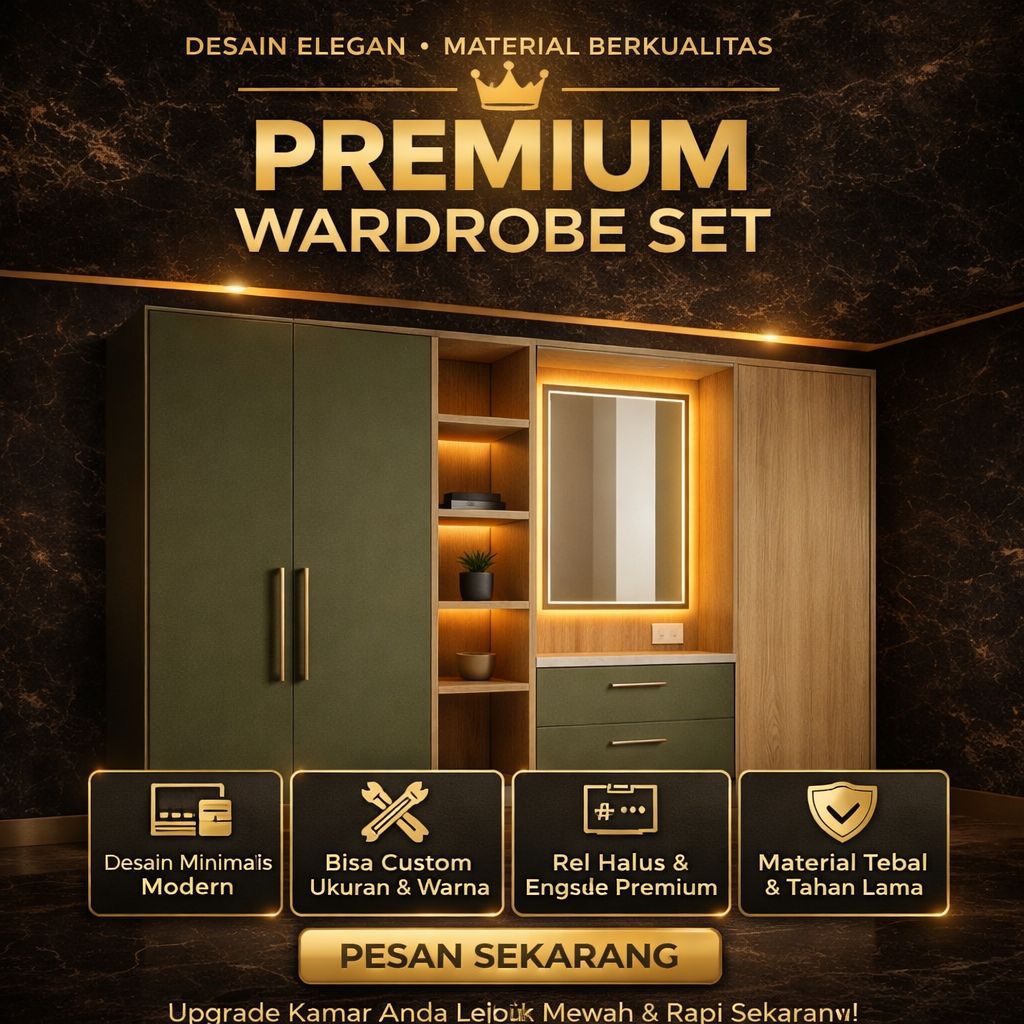 Lemari Pakaian Minimalis Premium Custom | Wardrobe Modern Pintu Engsel + Meja Rias LED