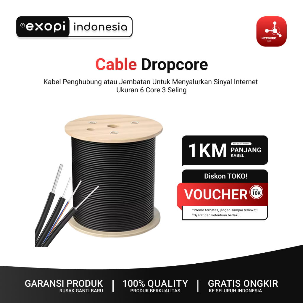 Cable Dropcore Fiber Optic 6 Core 3 Seling 1000 Meters / Kabel Dropcore Serat Optik Kualitas Super