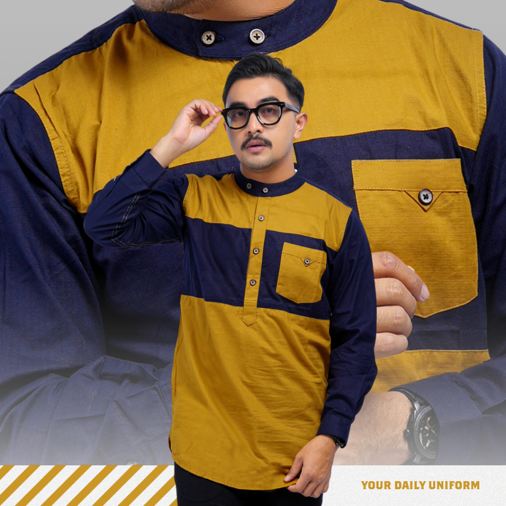 DGM Baju Koko Pria Lengan Panjang Kombinasi Katun Cigarette Premium Mustard Kemeja Koko 6747
