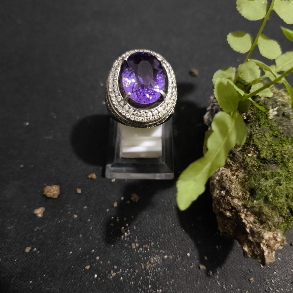 Batu Natural Amethyst Ring Perak Tebal Cutting Concave Cantik Kecubung Kalimantan Tanjung Bintang Bu