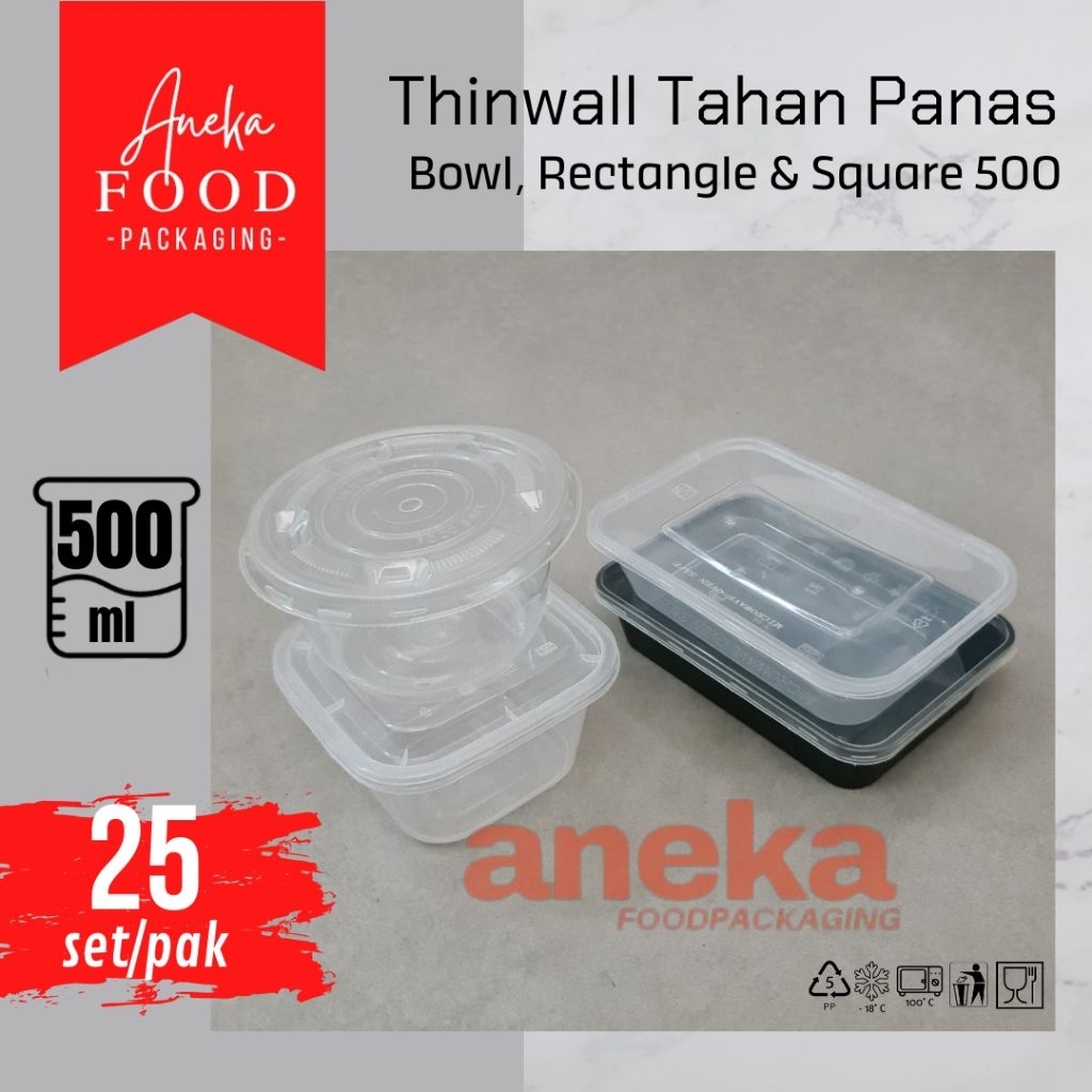 25set- Thinwall 500ml RECTANGLE, BOWL & SQUARE REC 500 SQ wadah plastik food container makanan mangk