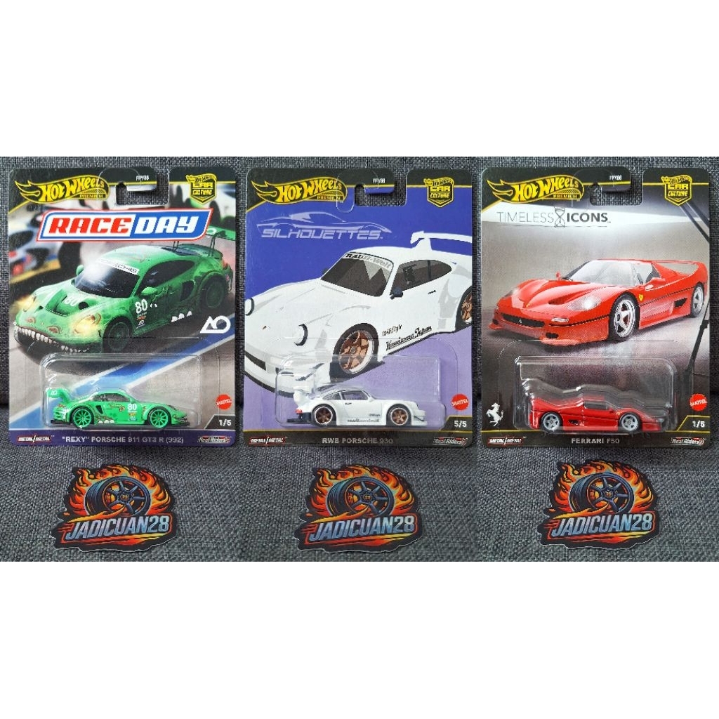 Hot Wheels Premium Rexy Porsche 911 GT3 R Race Day, RWB Porsche 930 Silhouettes, dan Ferrari F50 Tim