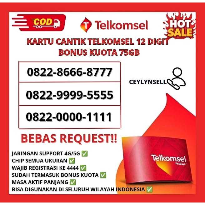 TELKOMSEL Kartu Perdana / Nomor Cantik Telkomsel 12 Digit Bonus Kuota 75GB