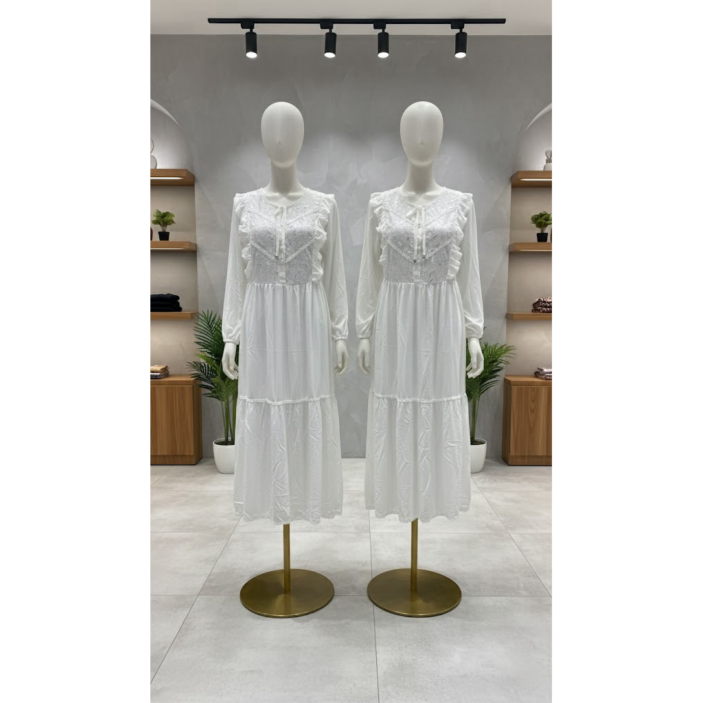 Dress Putih Wanita Brokat – Gamis Elegant Lengan Panjang Premium