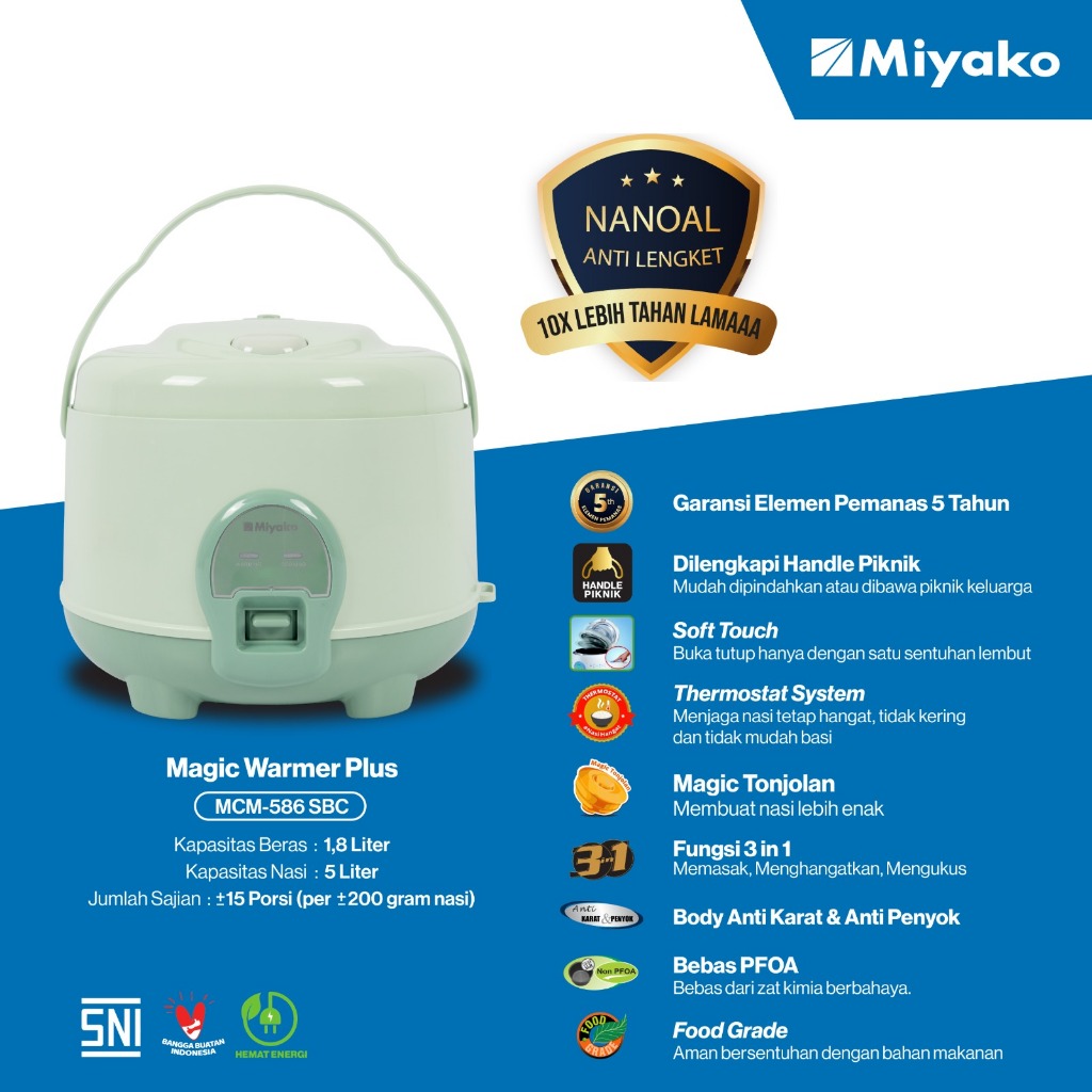 Magic Com Miyako MCM586SBC Nanoal - Rice Cooker 1.8 Liter - Magic warmer plus 3in1