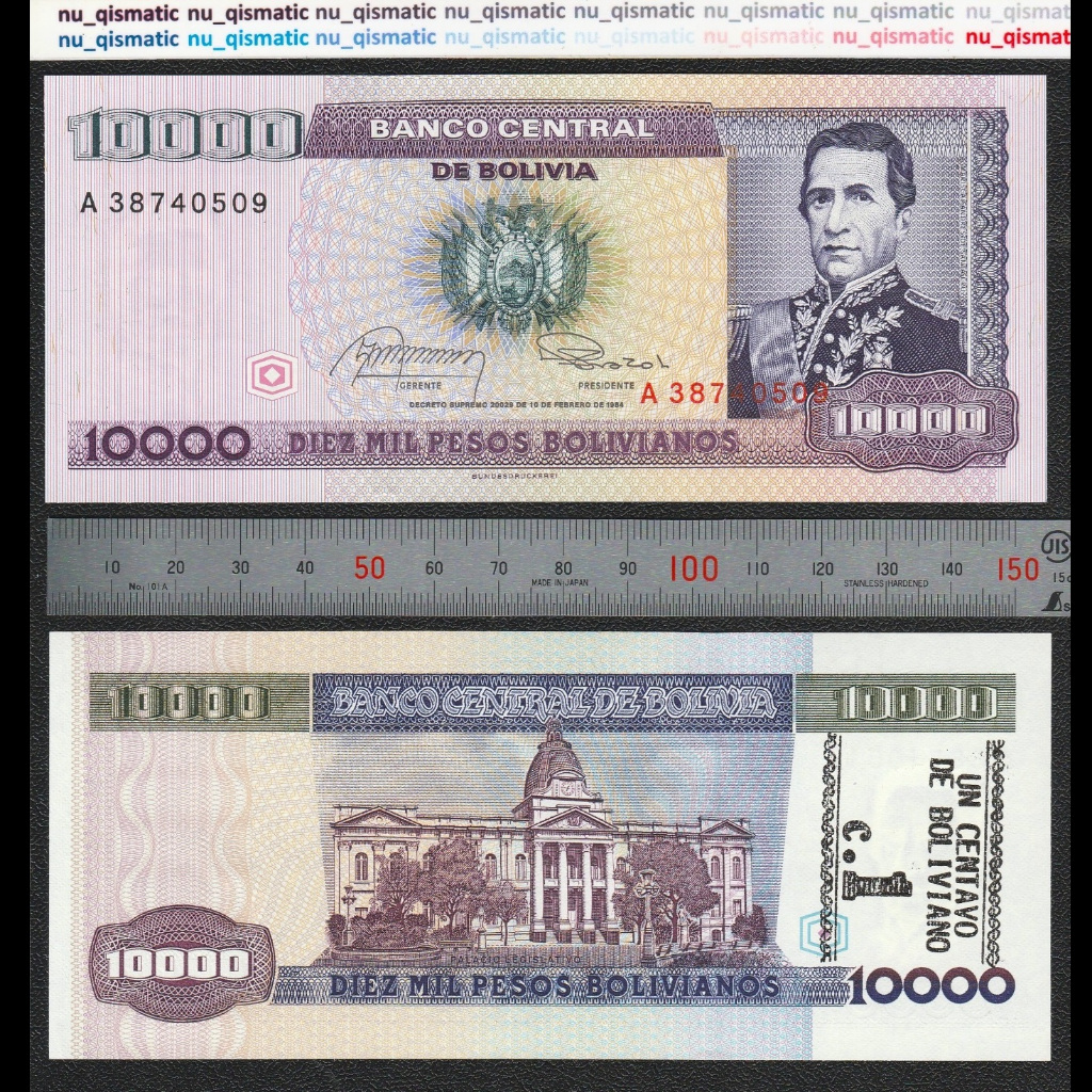 Uang Bolivia 10000 10.000 Pesos, 1987 (ND) Overprint dari 1984, Grade UNC Baru Super Gress P# 195