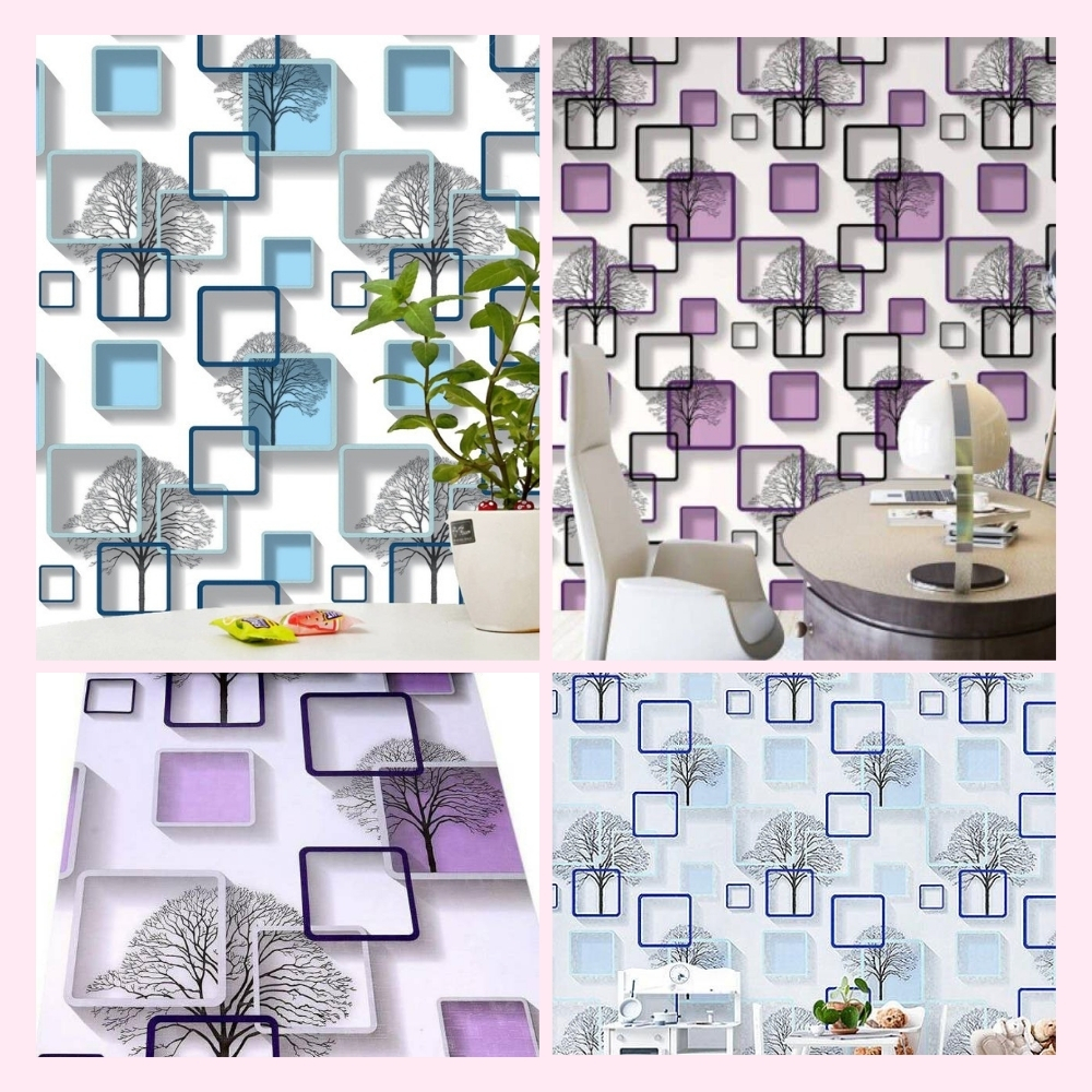 PROMO TERBAIK - Wallpaper Dinding Ruang Tamu Motif Kotak Pohon Ungu Wallpaper Dinding Kamar