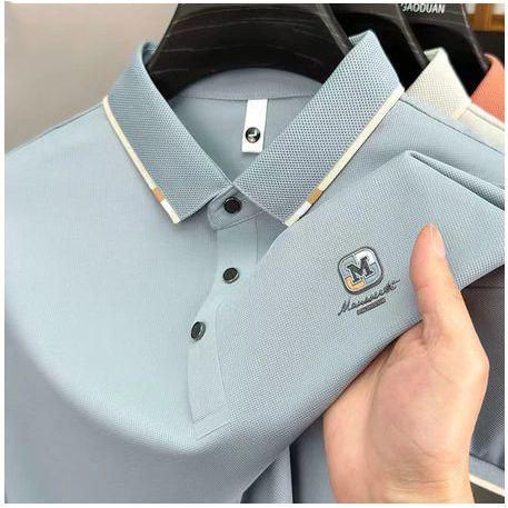 Kemeja Polo Pria Desain tombol kerah tegak biru Kain berkualitas tinggi