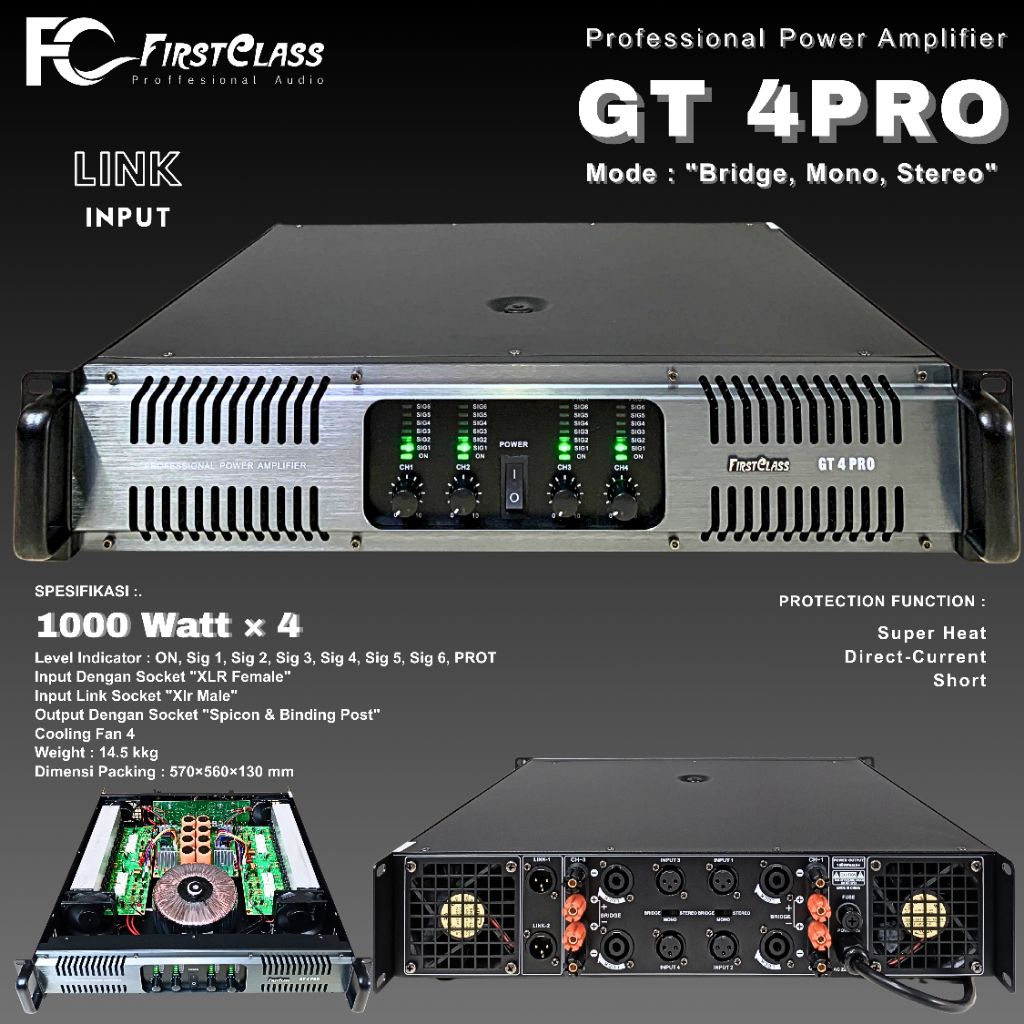 Professional Power Amplifier Firstclass 4 ChannelGT 4 PRO | Power 1000 Watt × 4 GT 4PRO