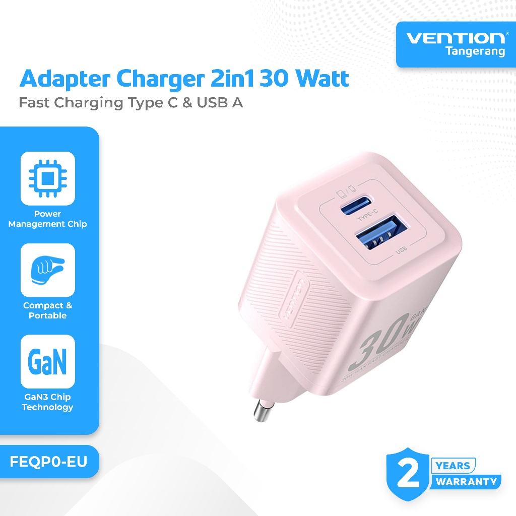Vention Adaptor Kepala Charger 2 in 1 30W Type C - USB A GaN Fast Charging Wall Charger Pink - FEQP0