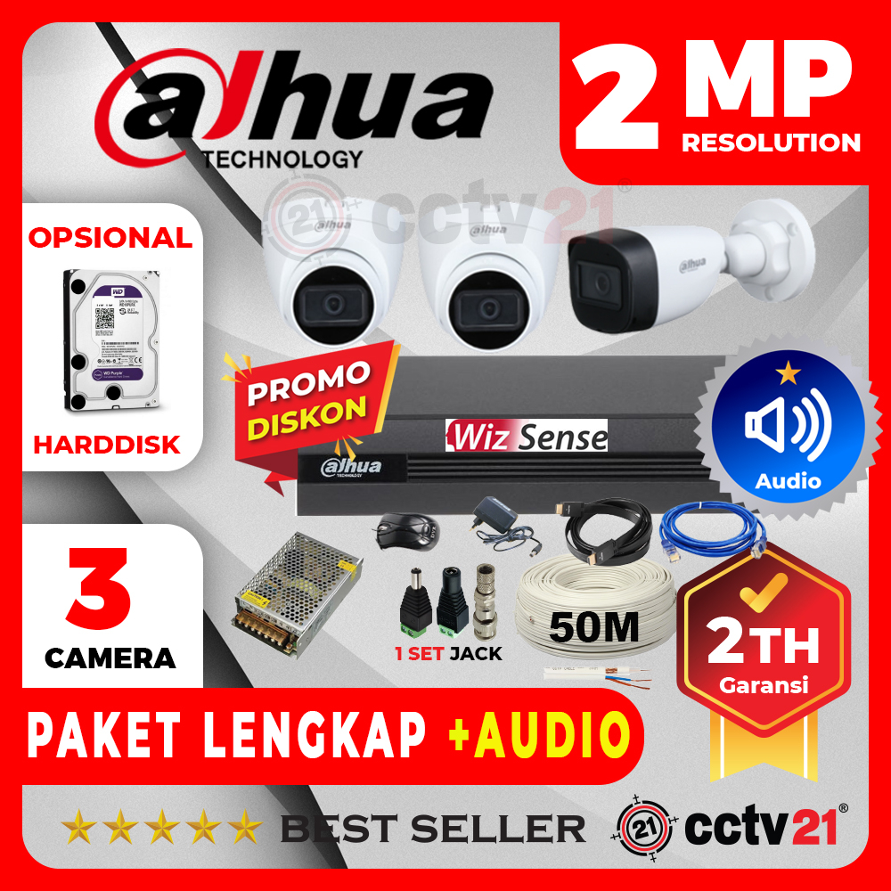 Paket 3 Kamera cctv DAHUA Audio Ada Suara 2MP +DVR+Kabel 40M Harga Promo cctv21