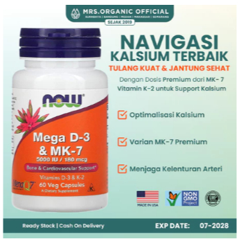 Vitamin Mega D3 D 3 dan MK7 5000 IU 180 mcg NOW Isi 60 Kapsul + D3 5000IU + K2