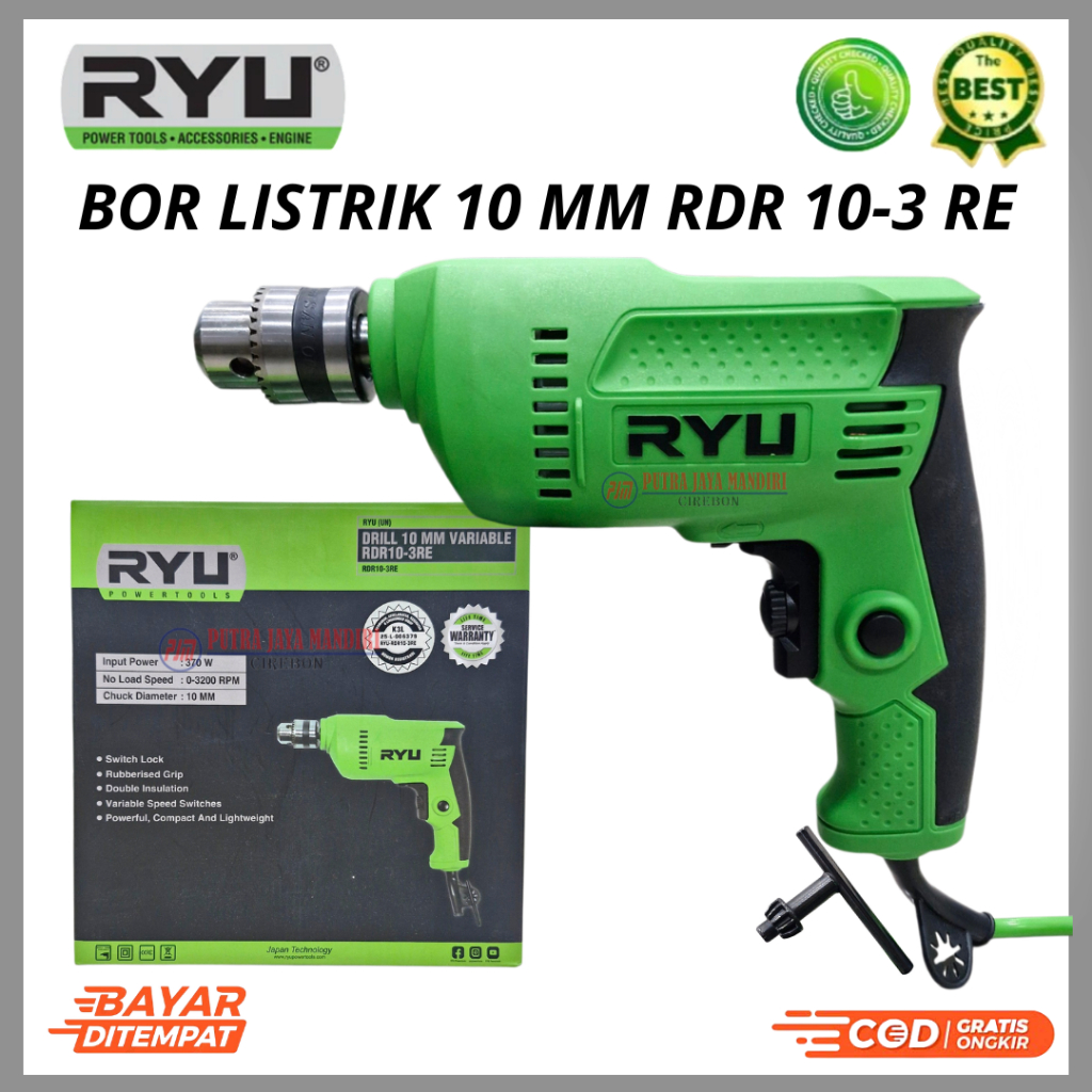 Ryu Mesin Bor Listrik Besi Kayu Baja Ringan Gypsum 10 MM Bolak Balik RDR 10-3 RE
