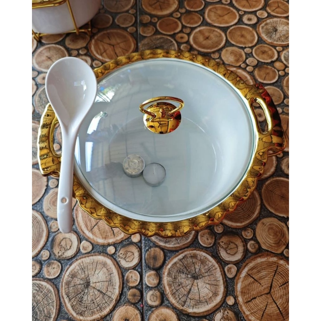 Prasmanan mangkuk saji  bulat 1 pc/mangkuk sayur tutup kaca keramik gold marble pakai pemanas kapasi