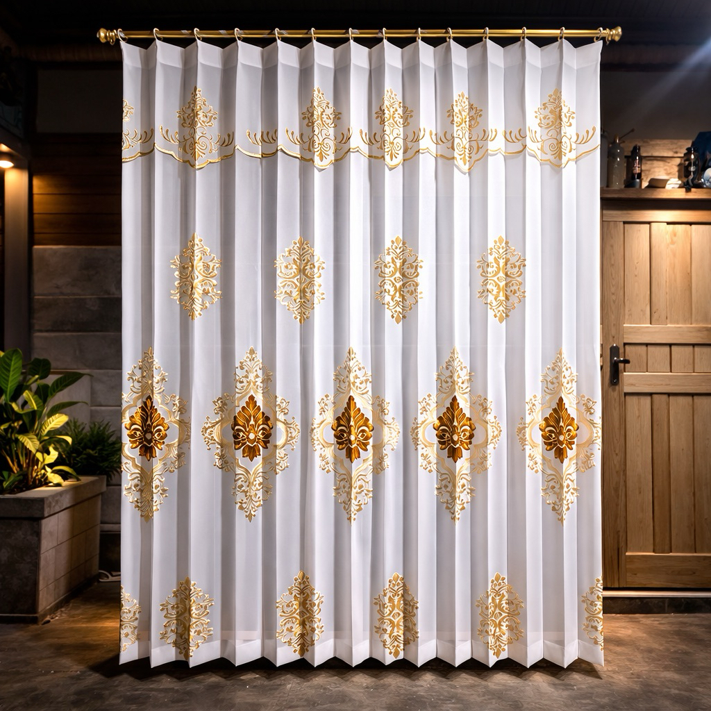 Vitrase plisket bordir|Gorden Minimalis Bordir Mewah Putih Gold | Tirai Jendela Ruang Tamu & Kamar |
