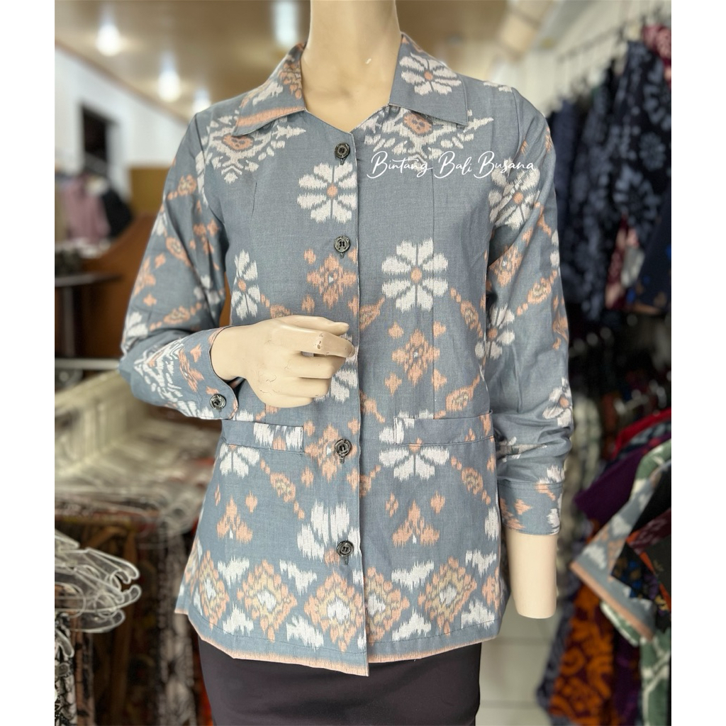 Kemeja Endek Batik Bali Katun Wanita Lengan Panjang motif warna JW Marun Merah Maroon Ungu Abu