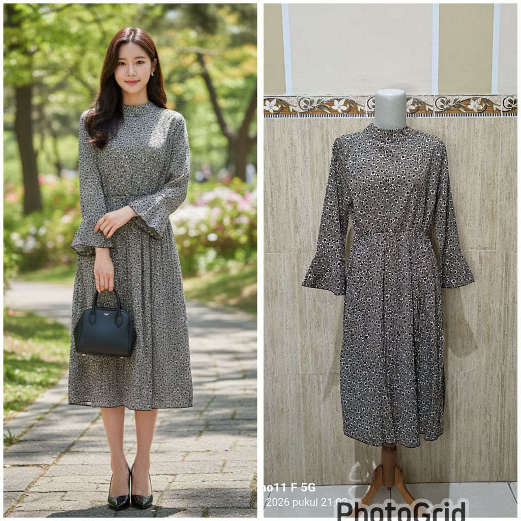 Dress lengan panjang plisket warna abu motif bunga