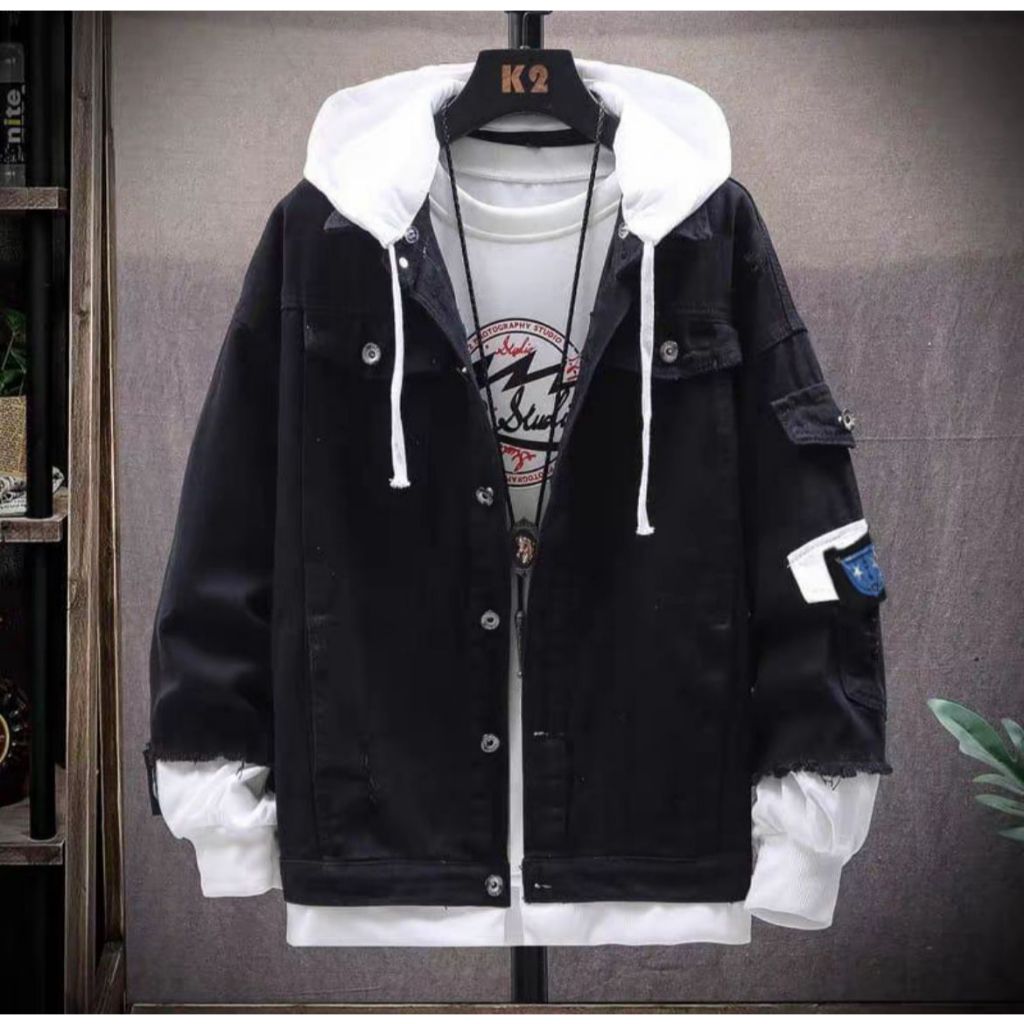 BestPromo Jacket Jeans Hip Hop Korea Style Pria Wanita Kupluk Denim Hitam Mm.Store