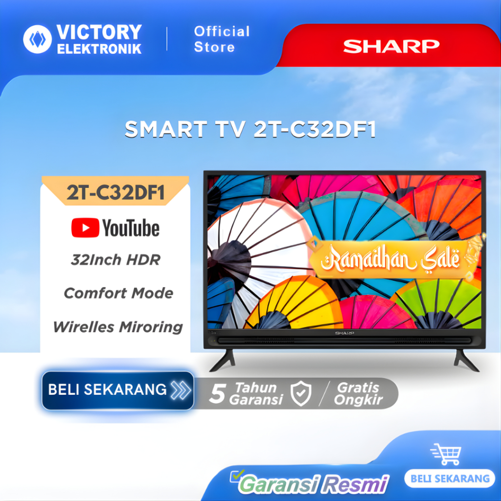 SHARP TV 32 Inch 2T-C32DF1I Smart TV ,Netflix ,Youtube , Easy Smart TV SERIES TERBAIK