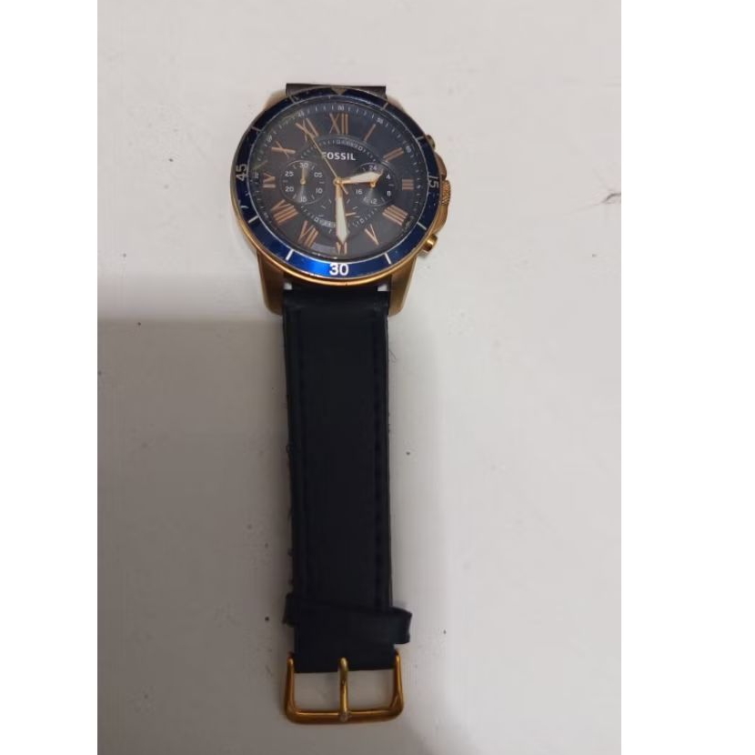 PRELOVED jam tangan Fo$$il Grant Sport Chronograph model FS5237 dengan dial biru dan tali kulit.