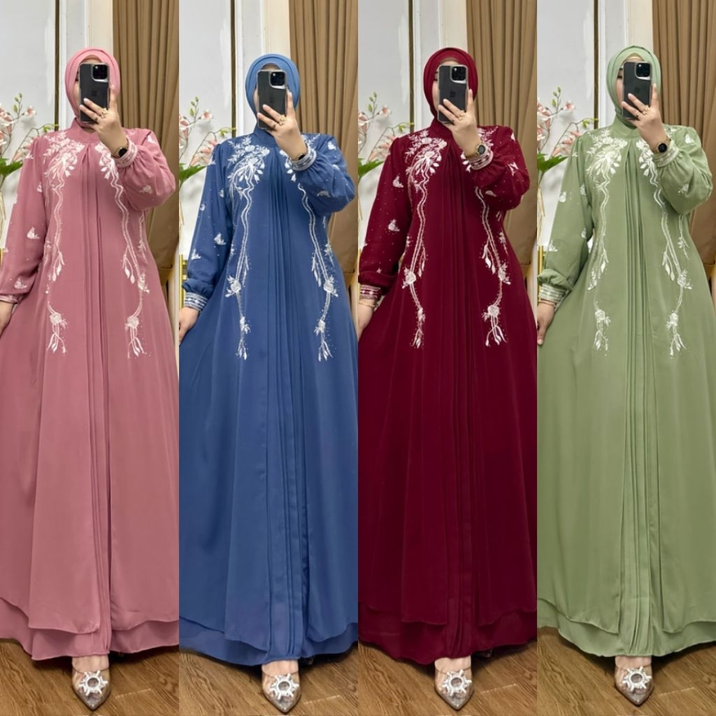 Abaya Modern Minimalis Dress Gamis Bordir Timbul Bahan Ceruty Babydoll Full Furing