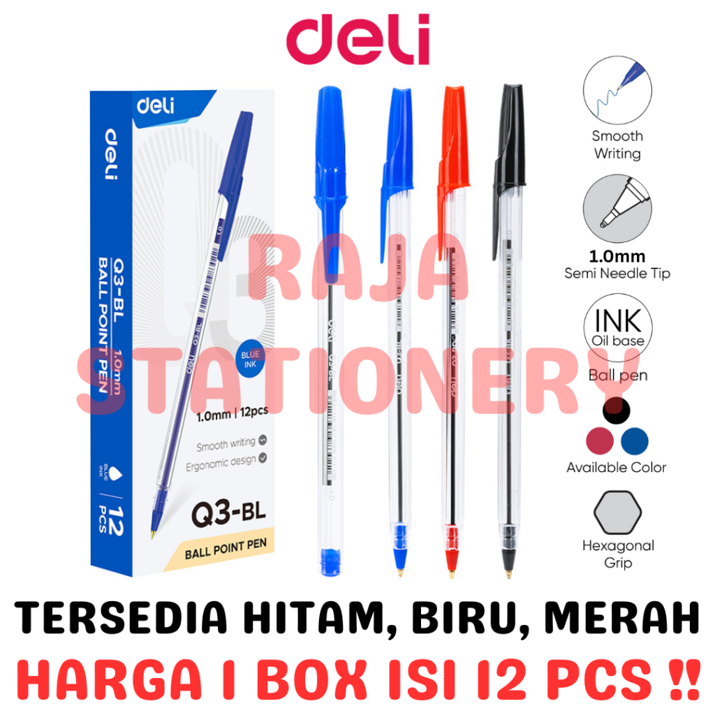 DELI BALL PEN BLACK BLUE RED EQ3 1.0MM PENA PULPEN DELI Q3 HITAM BIRU MERAH BOX LUSIN [12PCS]