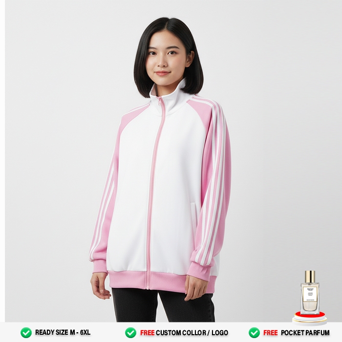 Jaket Sport Pria Wanita Tracktop Training Premium Fleece Tebal Zipper Full Putih Pink Casual Harian