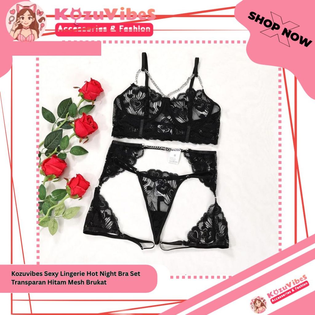 Kozuvibes Sexy Lingerie Hot Night Bra Set Transparan Hitam Mesh Brukat