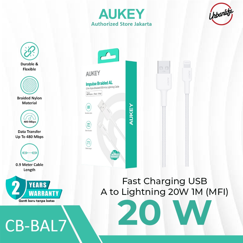 AUKEY KABEL USB Type A to Lightning 20W 1M ( MFI )  Bahan Braided Nylon Pengecasan Cepat Fast Chargi