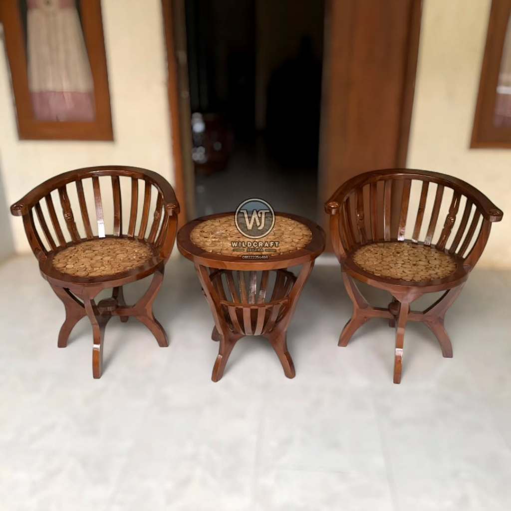Set Kursi Teras Mangkok Koin 2 Kursi 1 Meja Kayu Jati - Set Kursi Teras Minimalis - Kursi Teras Kurs