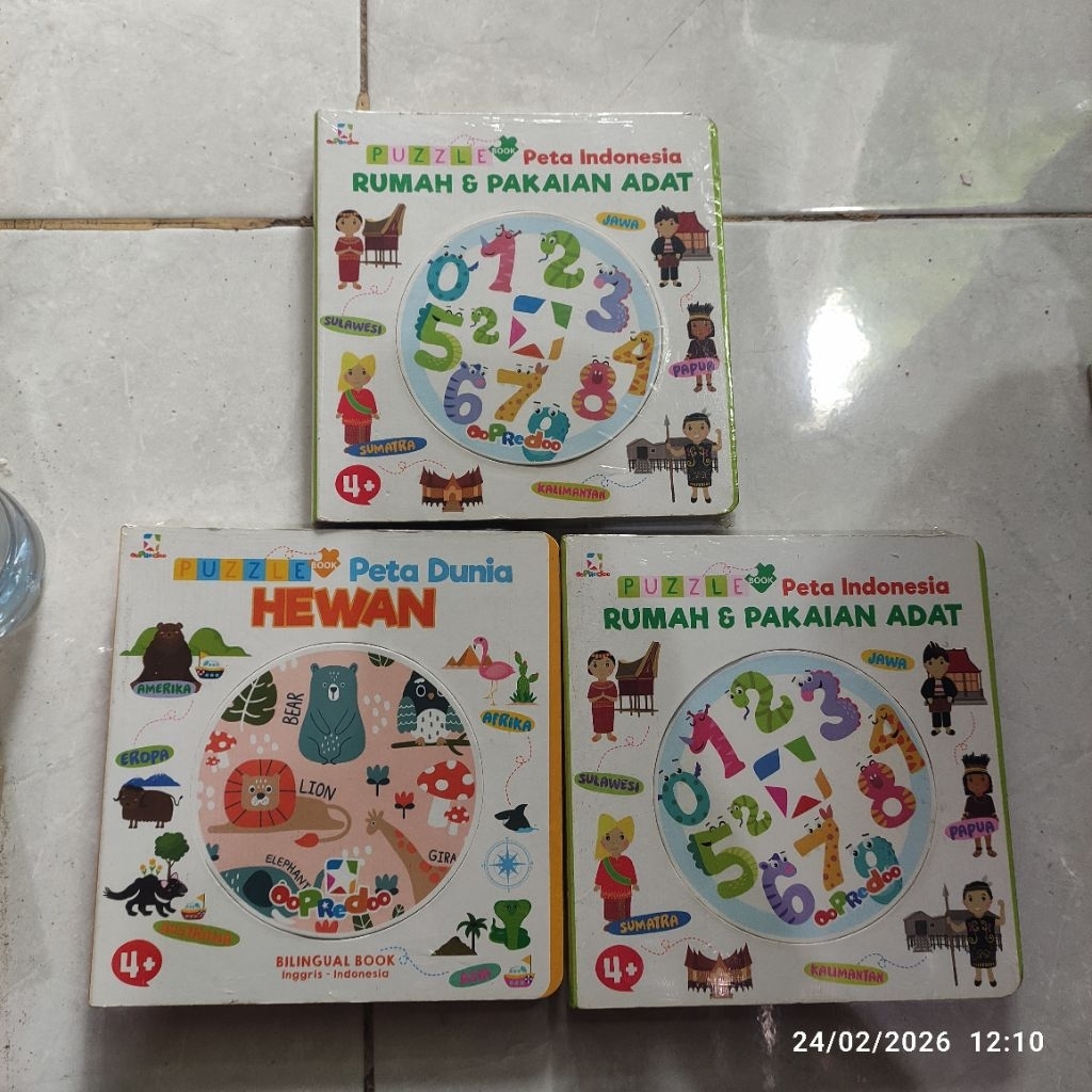 oopredoo puzzle book peta dunia rumah & pakaian adat / hewan