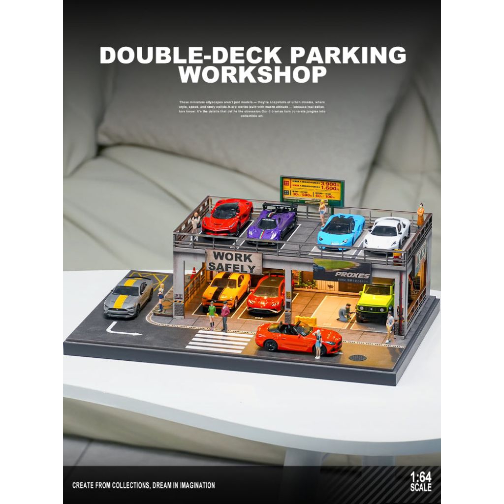 Shou Cang jia 1/64 Diorama Double Deck Parking Workshop Miniature Scene