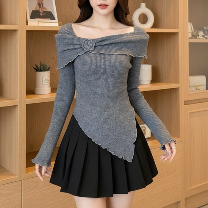 [TTEUDA] Baju Wanita Kriwil Off Shoulder Top Knit Korean Style | Sabrina Top Off Shoulder Kriwil Raj