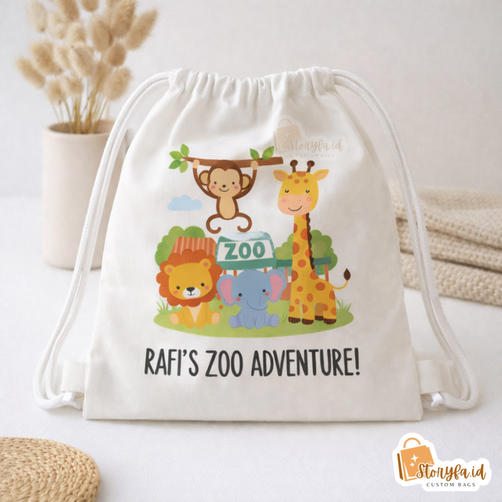 Tas serut blacu uk.25x30 murah/tas ultah custom/tas ransel blacu/souvenir ultah lucu custom laris