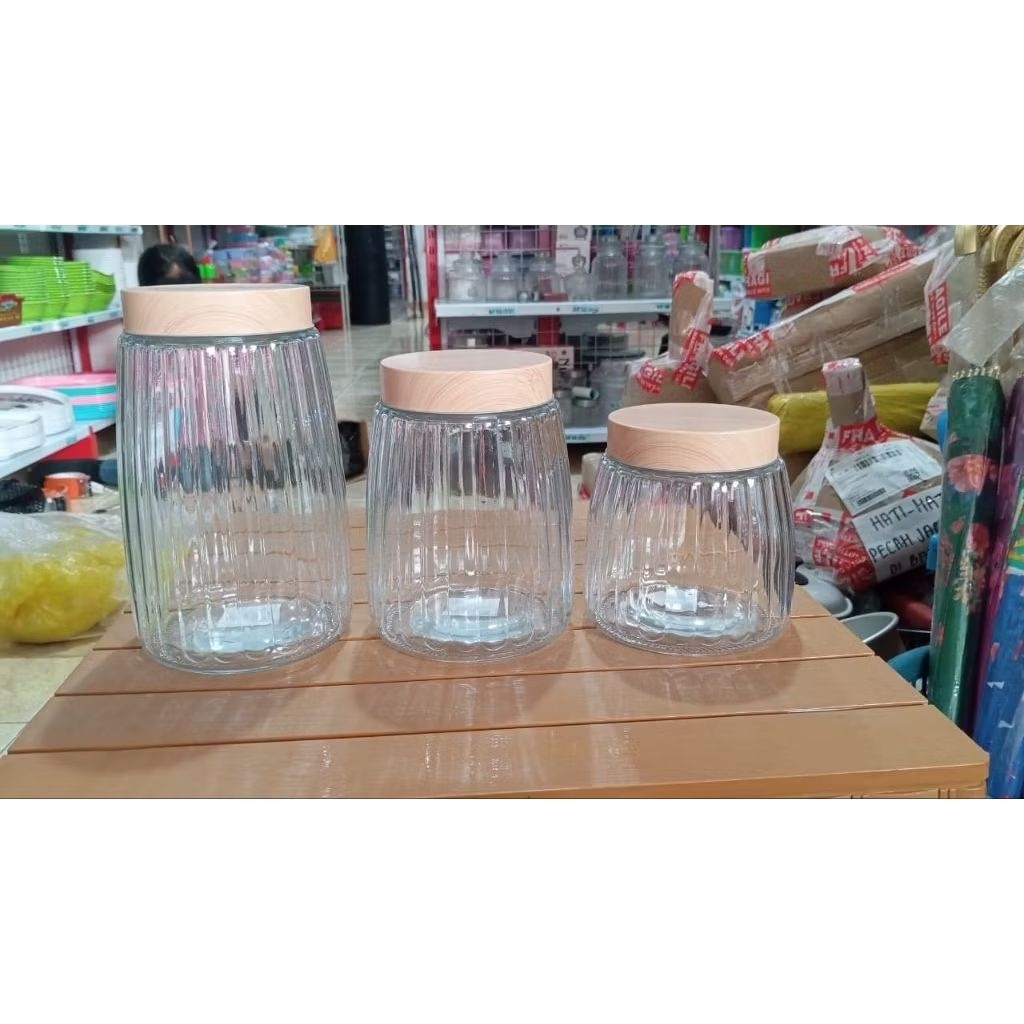 Toples estetik/Toples kaca tutup motif kayu/Toples kue/Toples kacang
