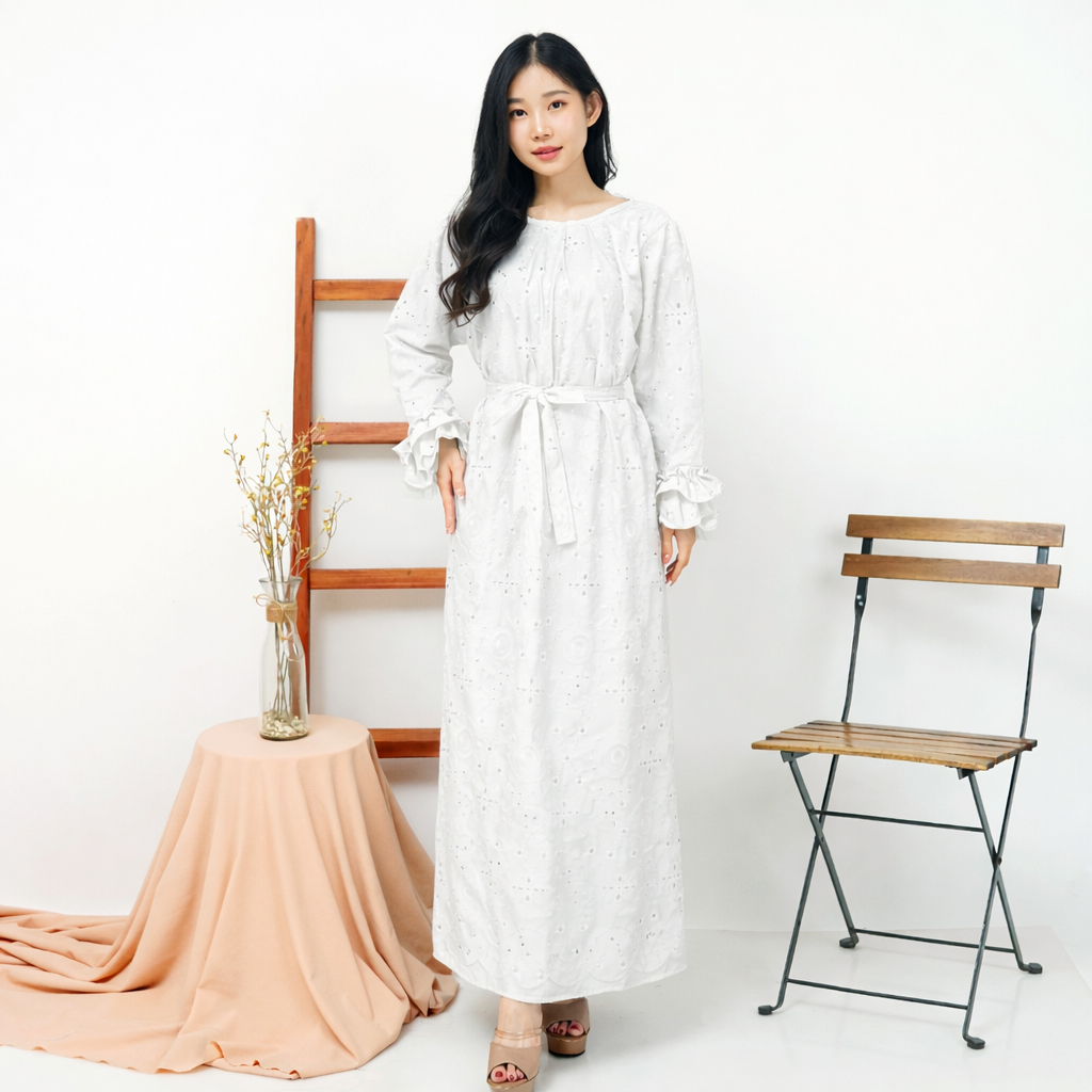 M-297 Long Dress Kondangan Muslim mewah Bahan Katun Bolong Khusus Hitam Dan Putih Gamis pesta elegan